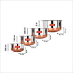 Sumeet Stainless Steel Copper Bottom 4Pc Tope Set with Lid (400Ml, 530Ml, 800Ml, 1Ltr)