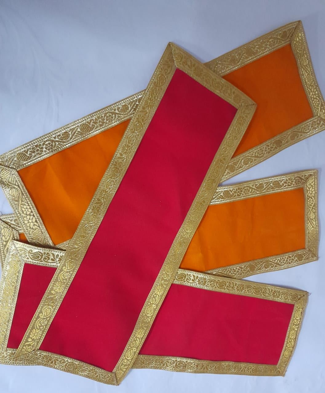 Velvet Red Pooja Cloth (10 x 30 cm ) with Golden Border I Pooja Aasan for Mandir, Temple Altar Cloth Multipurpose Red Yellow Velvet Aasan for Puja Cloth Mat (Pack of 4)
