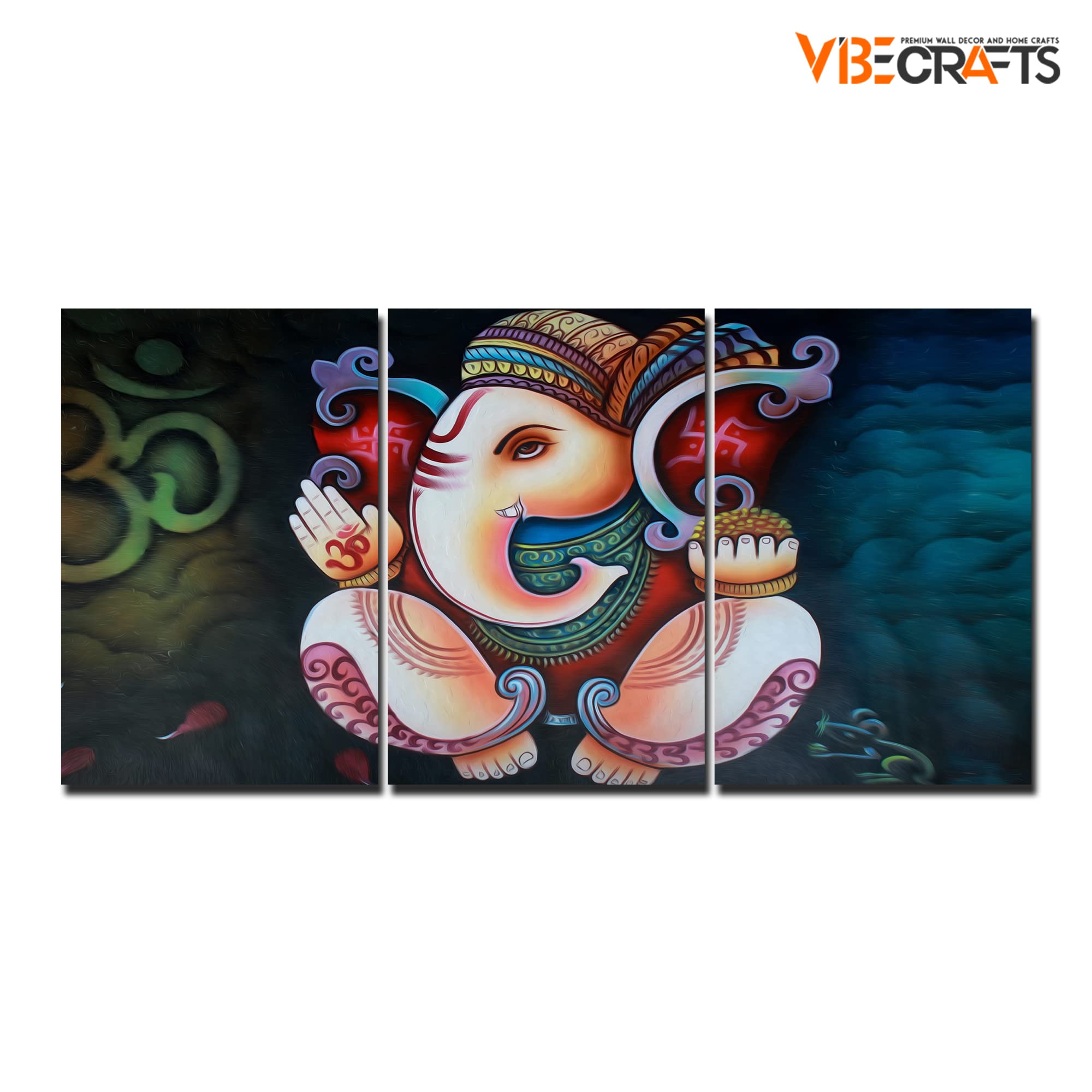 VIBECRAFTS Hindu Ganesha 3 Pieces Canvas Wall Painting Fitted With Wooden Frame For Home | Office | Living Room | Gifts(PTVC3Pcs3_11514)