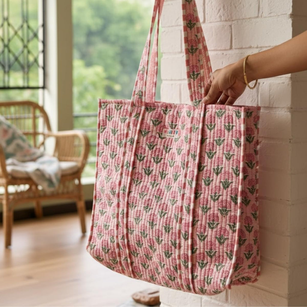 PShomes Large Cotton Tote Bag 18x18 Inches – 100% Cotton Shoulder Bag with Inner Pocket | Reusable Eco-Friendly Carry Bag for Laptop, Shopping, Travel & Daily Use (Pink-ROSES)