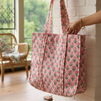 PShomes Large Cotton Tote Bag 18x18 Inches – 100% Cotton Shoulder Bag with Inner Pocket | Reusable Eco-Friendly Carry Bag for Laptop, Shopping, Travel & Daily Use (Pink-ROSES)