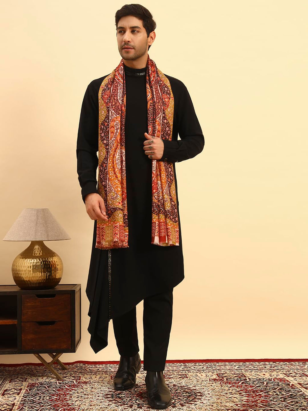 Pashmoda Men Royal Embers Fine Soft Bamboo Fibre Stole, Multicoloured Design, Evening Wrap, Luxury Pashmina Style Scarf, Wrap, Sustainable and Natural Fabric (Size 28x80, Orange colour) MISST33