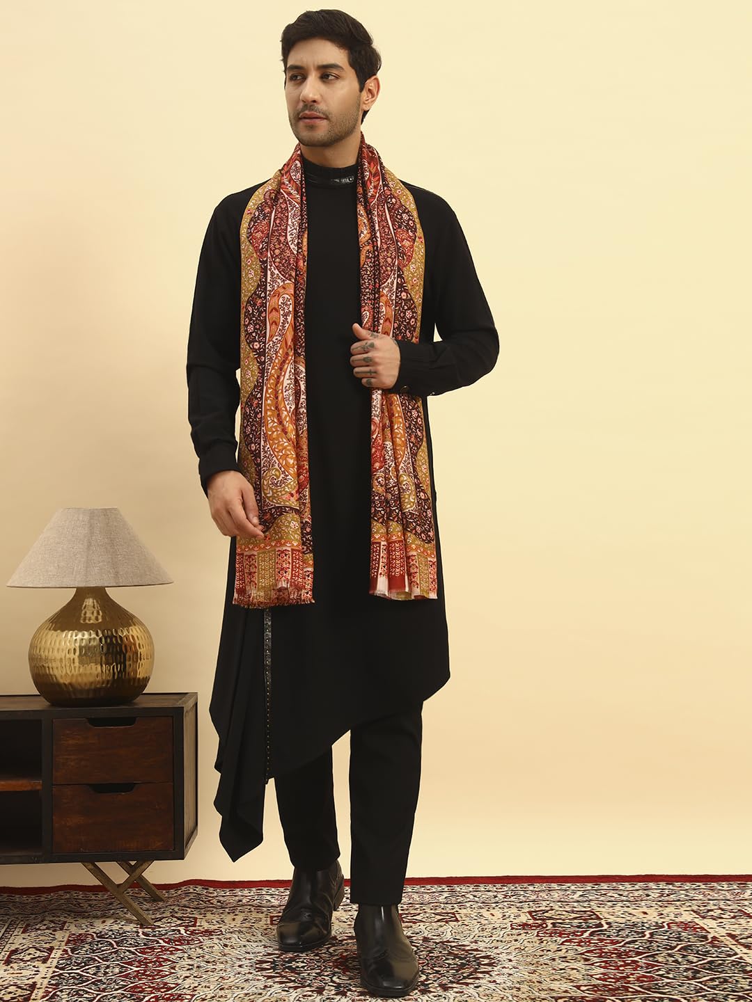 Pashmoda Men Royal Embers Fine Soft Bamboo Fibre Stole, Multicoloured Design, Evening Wrap, Luxury Pashmina Style Scarf, Wrap, Sustainable and Natural Fabric (Size 28x80, Orange colour) MISST33