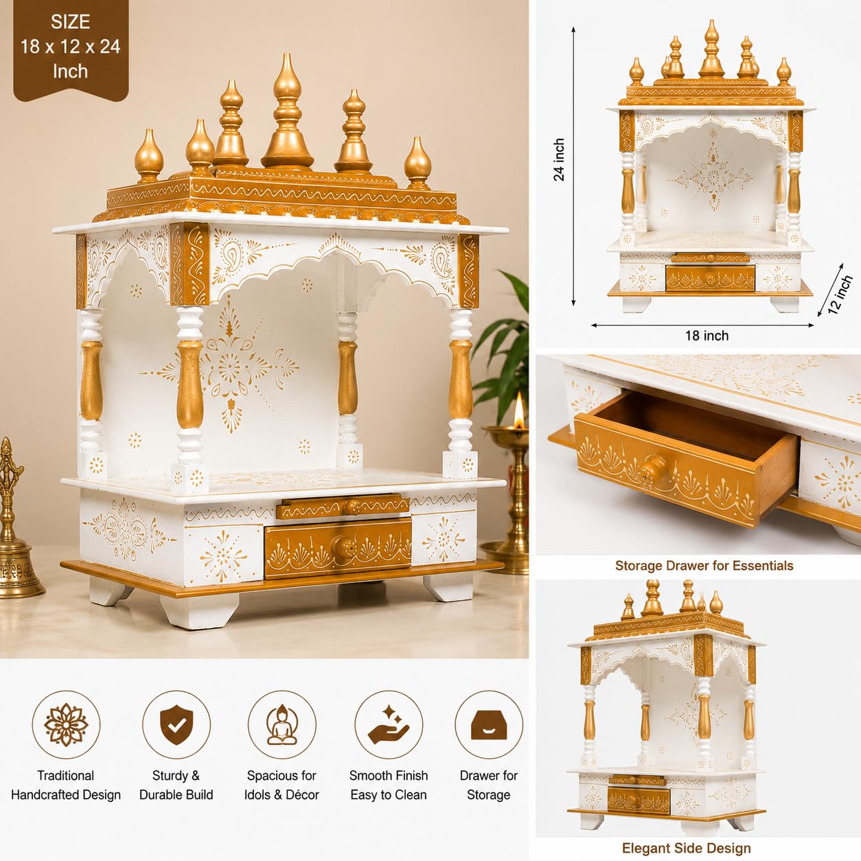 Kamdhenu Art and Craft Wood Home Temple (Brown, Gold and White, 12 Inch X 18 Inch X 24 Inch)