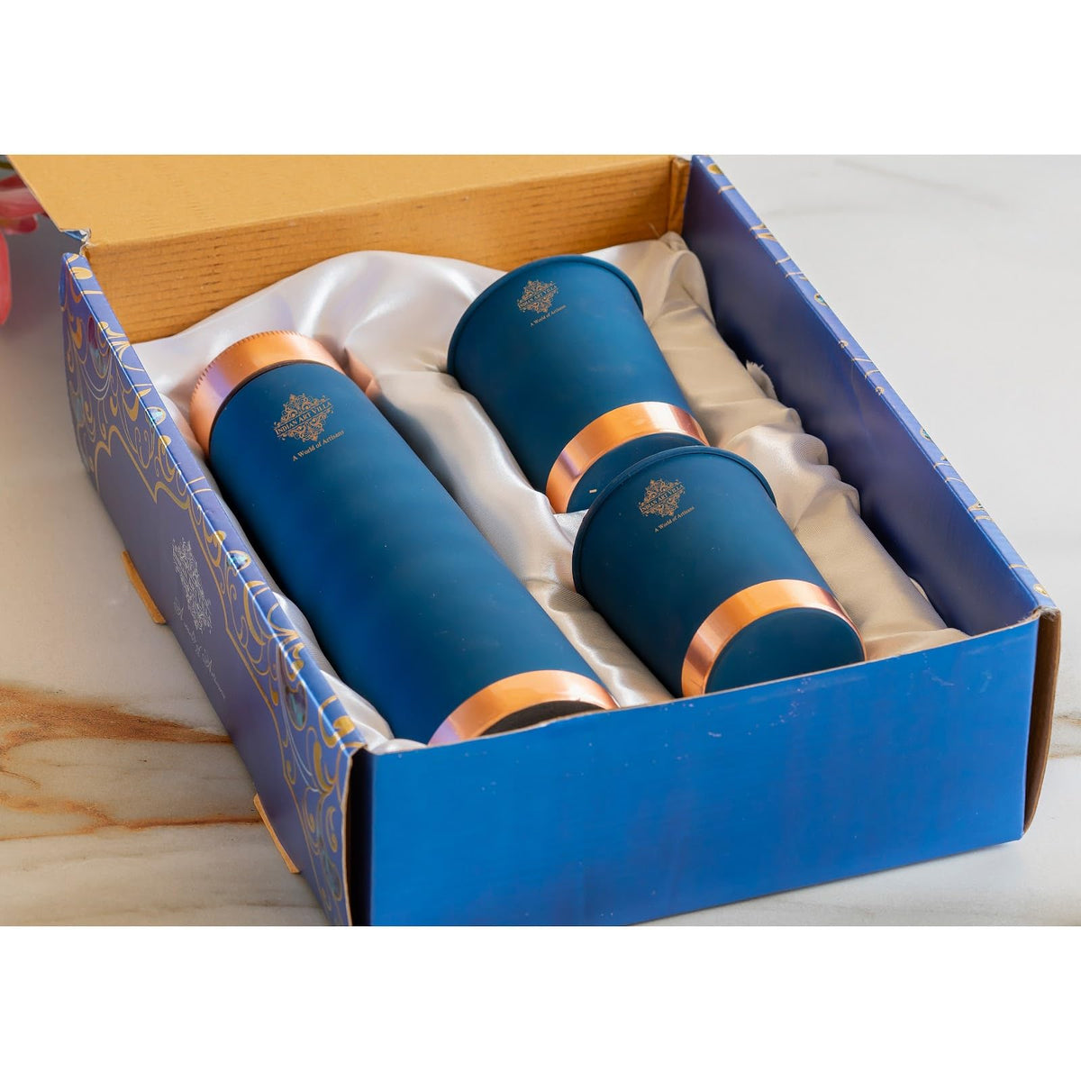 INDIAN ART VILLA Copper Bottle & Glass Gift Set - 800 ml Water Bottle & 2 Glasses (300 ml Each) - Peacock Blue Pyramid Ombre Silk Finish, Perfect for Gifting & Everyday Use