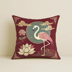 STITCHNEST Satin Cushion Covers Pack of 5 Oriental Flamingo & Lotus Print in Maroon and Gold, 16x16 Inch Decorative Cushion Set for Spiritual and Artistic Living Room Decor