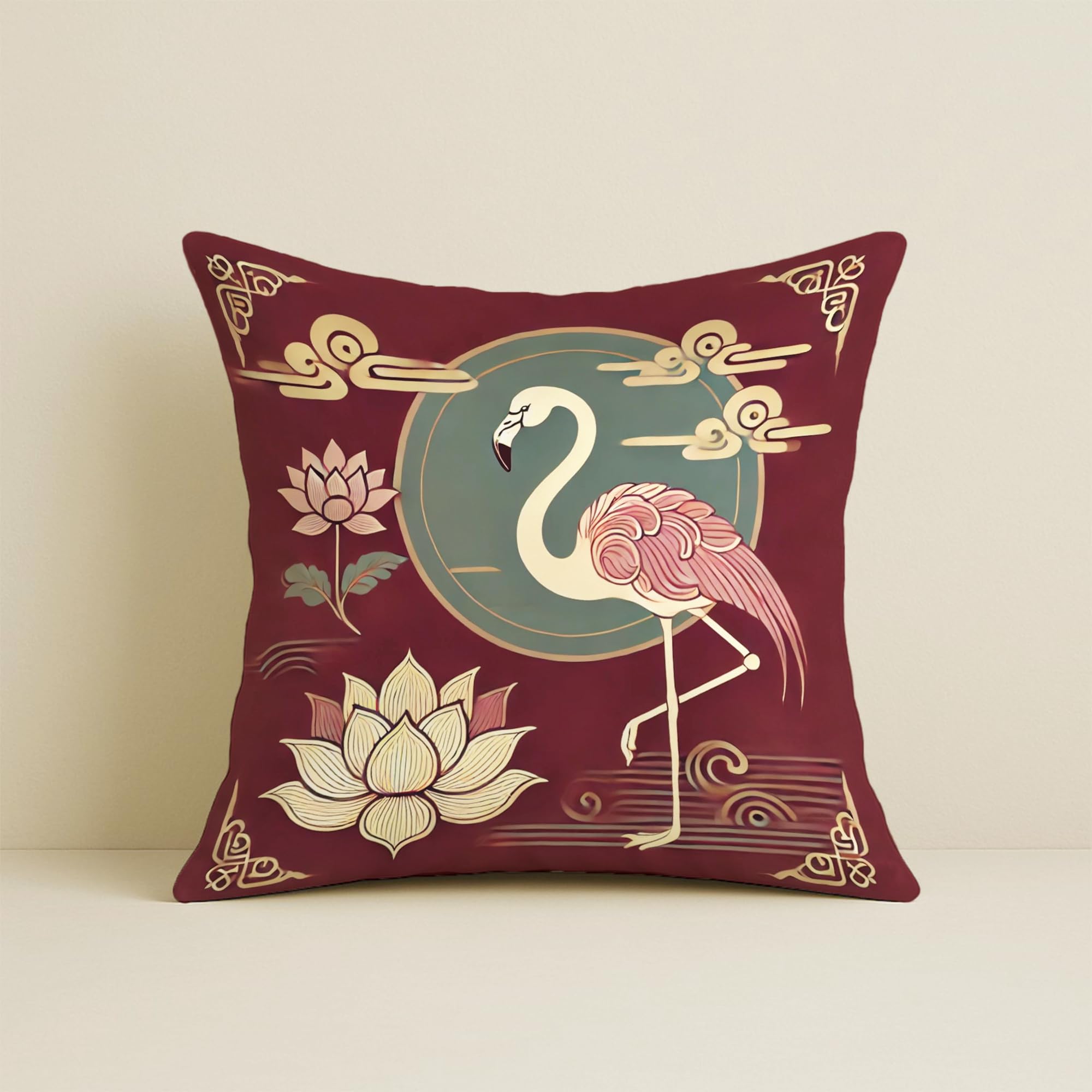 STITCHNEST Satin Cushion Covers Pack of 2 Oriental Flamingo & Lotus Print in Maroon and Gold, 16x16 Inch Decorative Cushion Set for Spiritual and Artistic Living Room Decor