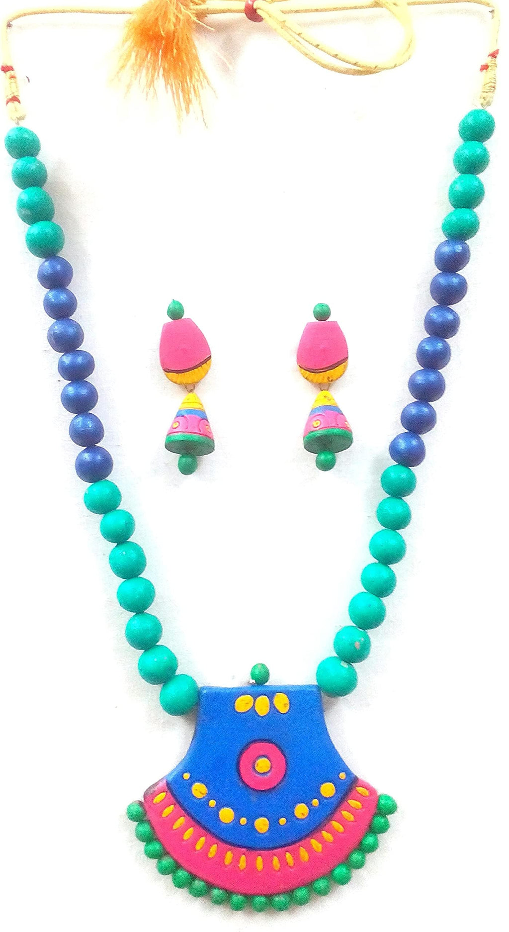 KARRU KRAFFT Handmade Terracotta Necklace Set with Earrings, Multicolour, Handpainted Ethnic Style, Traditional Statement Jewellery for Women