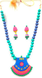 KARRU KRAFFT Handmade Terracotta Necklace Set with Earrings, Multicolour, Handpainted Ethnic Style, Traditional Statement Jewellery for Women