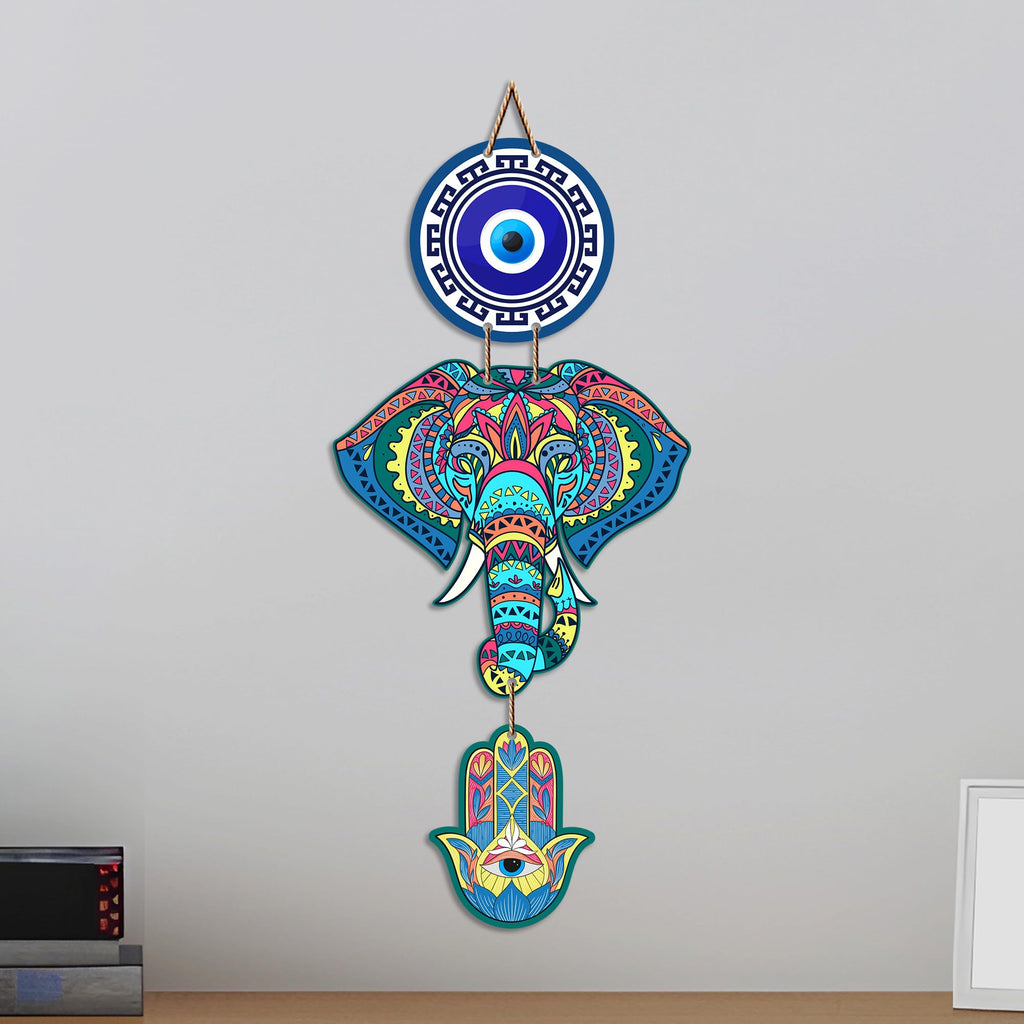 Artvibes Elephant Evil Eye Wall Hanging for Home Entrance | Lucky Elephant Nazar Battu MDF Wall Decor | Vastu Decorative Art for Living Room | Bedroom | Office | Main Door | Unique Gift (WH_8547N)