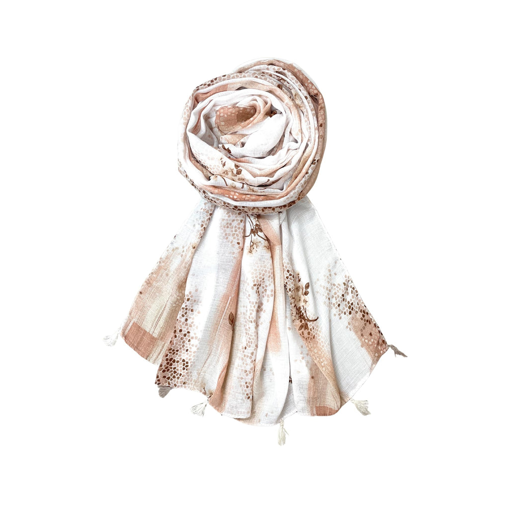 FAHABO Scarf Woman Floral Print Premium Mal Mal Textured Cotton Scarves with Tassels | Hijab Scarf | Headscarf | Neck Scarf | Stoles | Wraps | Size 71 L x 33 W (Elegance Peach, Brown)