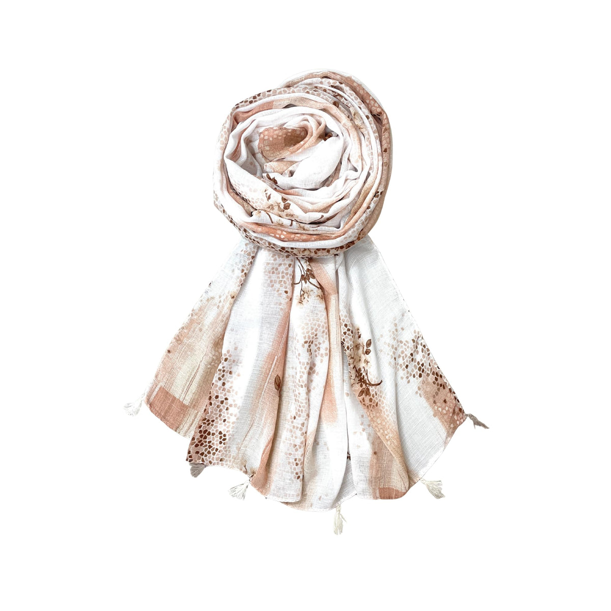 FAHABO Scarf Woman Floral Print Premium Mal Mal Textured Cotton Scarves with Tassels | Hijab Scarf | Headscarf | Neck Scarf | Stoles | Wraps | Size 71 L x 33 W (Elegance Peach, Brown)