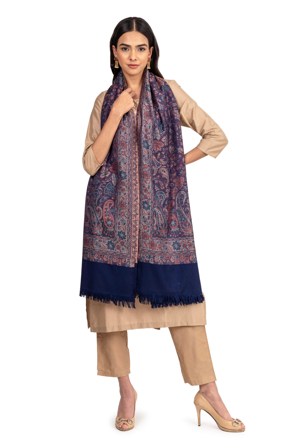 Naureen Women Faux Pashmina Kashmiri Jamawar Shawl, Warm and Soft, 40x80 inch (Navy)
