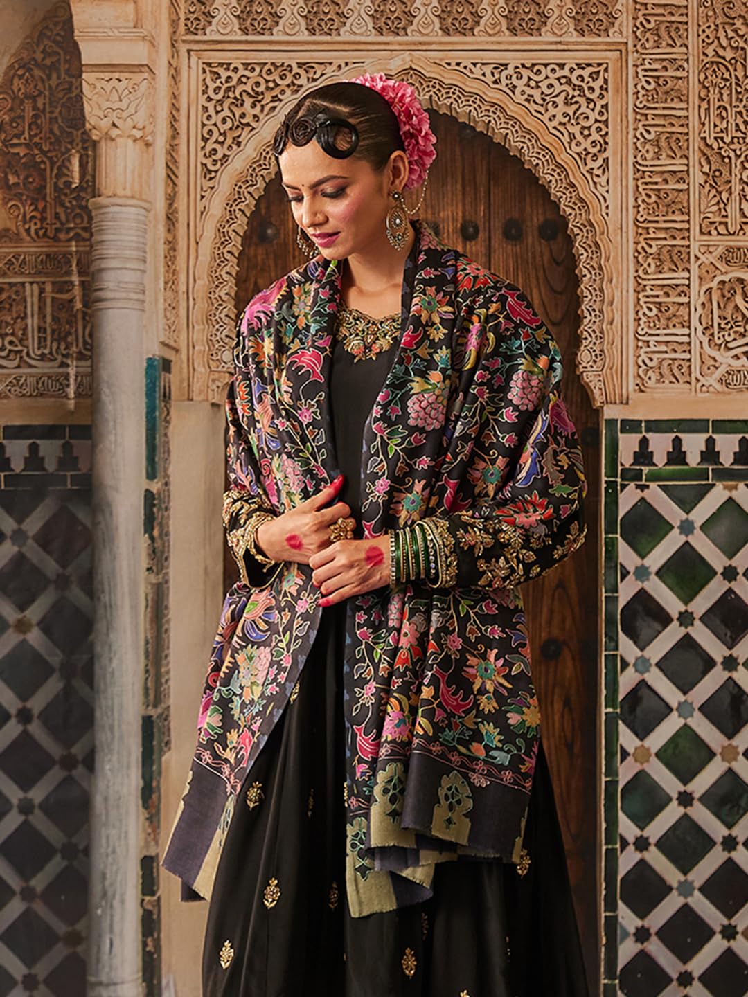Pashmoda Women Shaheen Fine Wool Fabric Pashmina Kalamkari Embroidered Shawl, Stole and Wrap, Sustainable and Natural Fabric, Heritage Kashmiri Pashmina(Size 40x80)