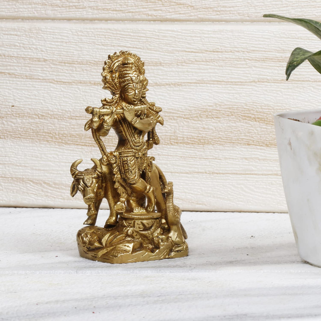 ARTVARKO Lord Krishna God Murti Brass Statue of Love Flute Playing with Cow and Peacock Home Décor Living Pooja Room Mandir Temple Height 4.5 Inch
