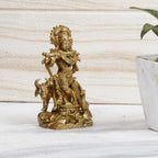 ARTVARKO Lord Krishna God Murti Brass Statue of Love Flute Playing with Cow and Peacock Home Décor Living Pooja Room Mandir Temple Height 4.5 Inch