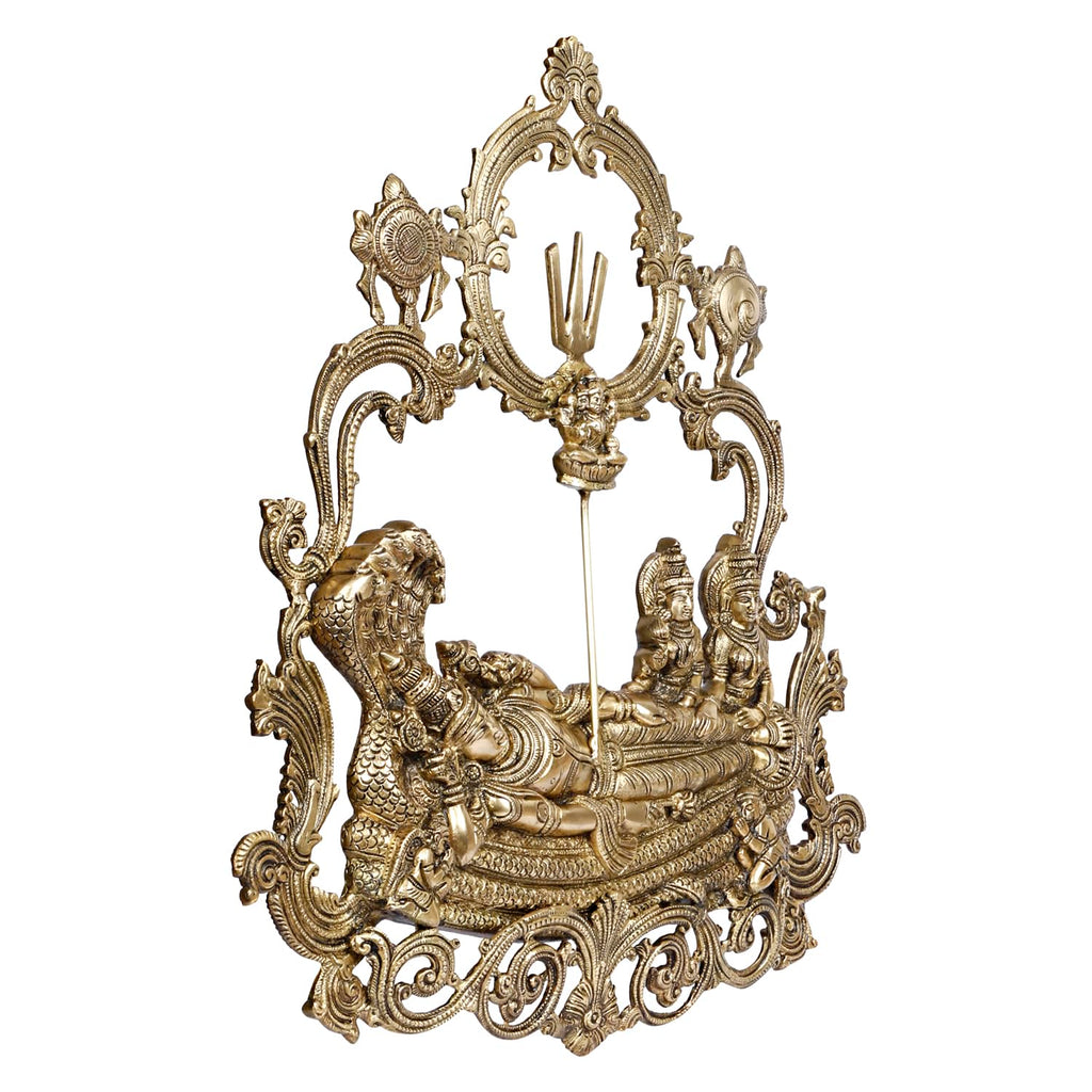 ARTVARKO Big Brass Rare Vishnu Laxmi Sitting on Sheshnaag Wall Hanging Brahma from Navel Murti Lord Bhagwan Narayan Lakshmi Statue 60 cm