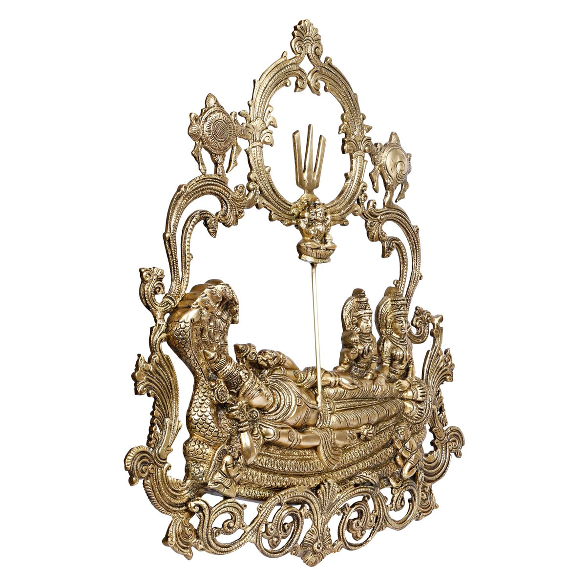 ARTVARKO Big Brass Rare Vishnu Laxmi Sitting on Sheshnaag Wall Hanging Brahma from Navel Murti Lord Bhagwan Narayan Lakshmi Statue 60 cm