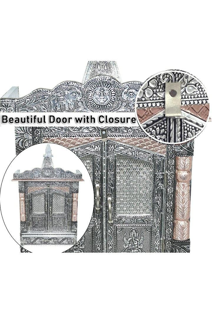 Handicrafts SGR Wooden Pooja Mandir for Home | Designer Temple with Aluminium & Copper Oxidised Finish | Decorative Dev Ghar for Prayer Room & Home Temple | 8 x 6 Inch (Silver & Bronze)