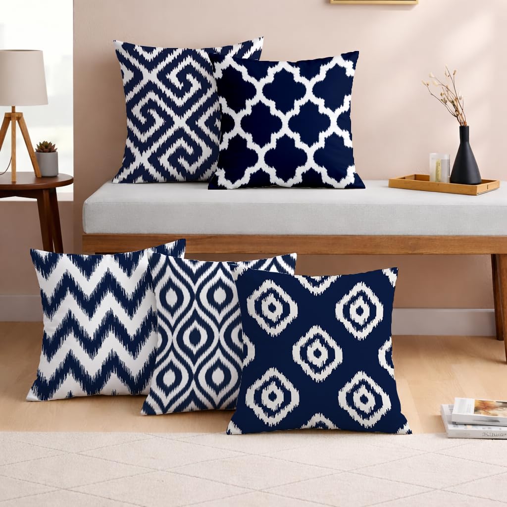 STITCHNEST Set of 5 Polycotton Cushion Covers – 16x16 Inches – Blue & White Ikat Geometric Print – Elegant Cushion Covers for Sofa & Living Room | Perfect for Home Decor
