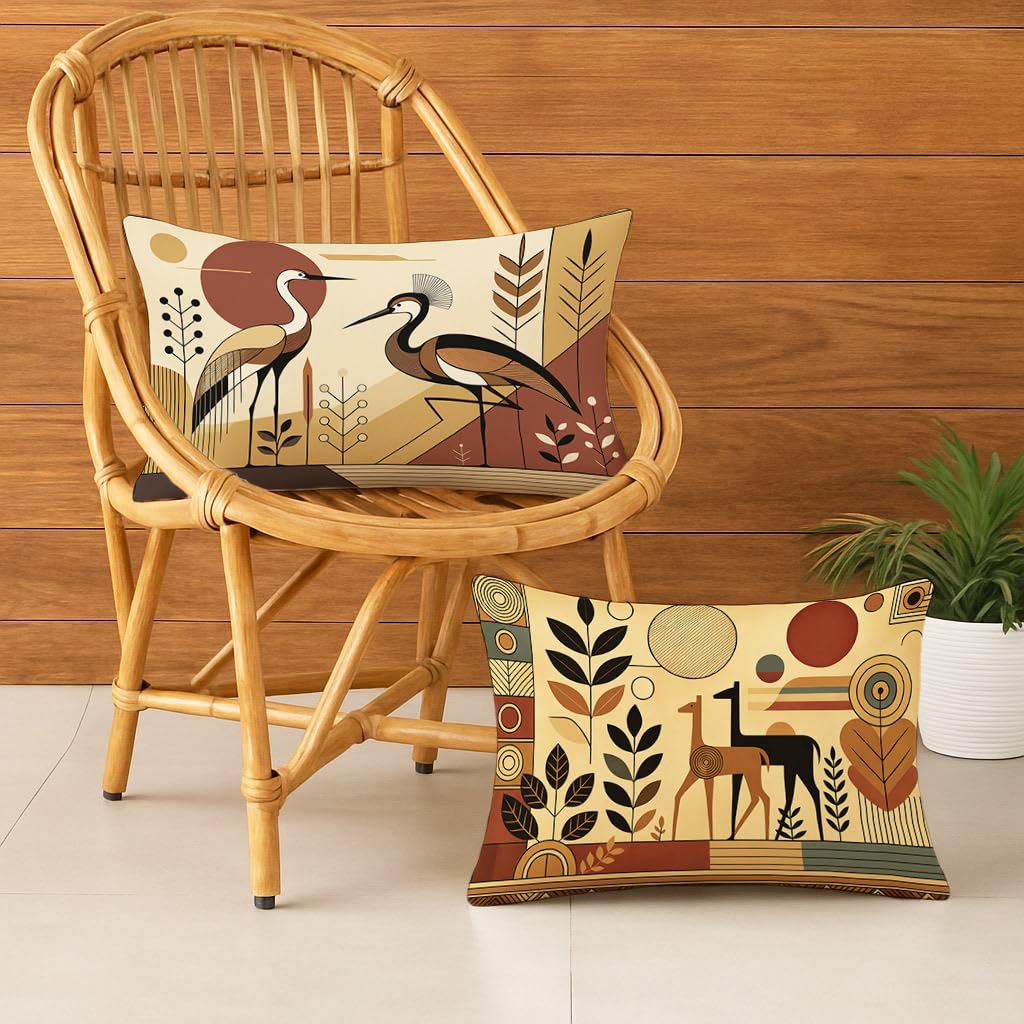 STITCHNEST Satin Cushion Covers Cranes with Tribal Botanical Motifs in Earthy Tones, 12x18 Inch, Pack of 2 for Sofa, Living Room or Boho Minimalist Interiors
