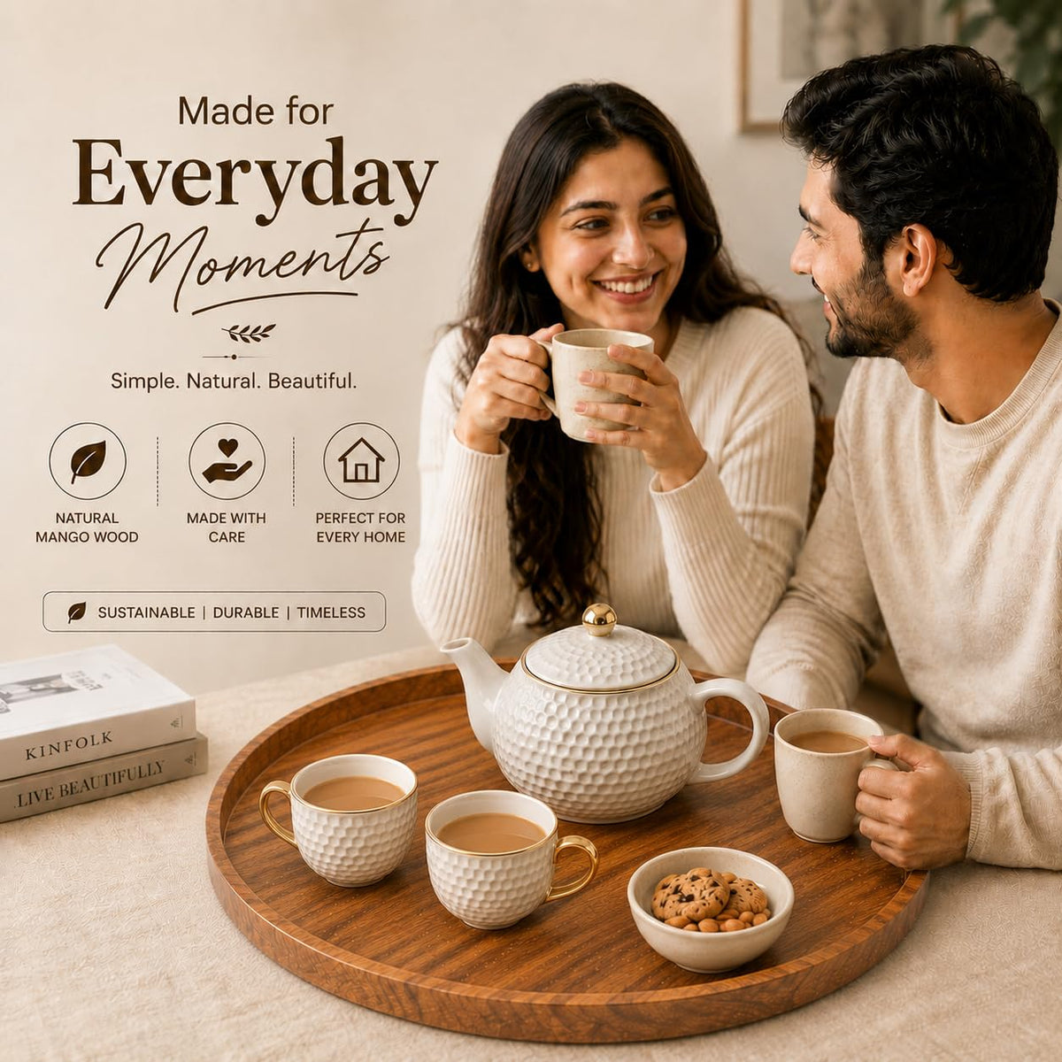 BAUZINI Decorative Round Wood Tray with Raised Edge - Perfect Small Round Tray for Kitchen, Dining Room, Tea, Ottoman, Breakfast Coffee Table & Home Decor Natural Wood Finish - 11 * 11 inch