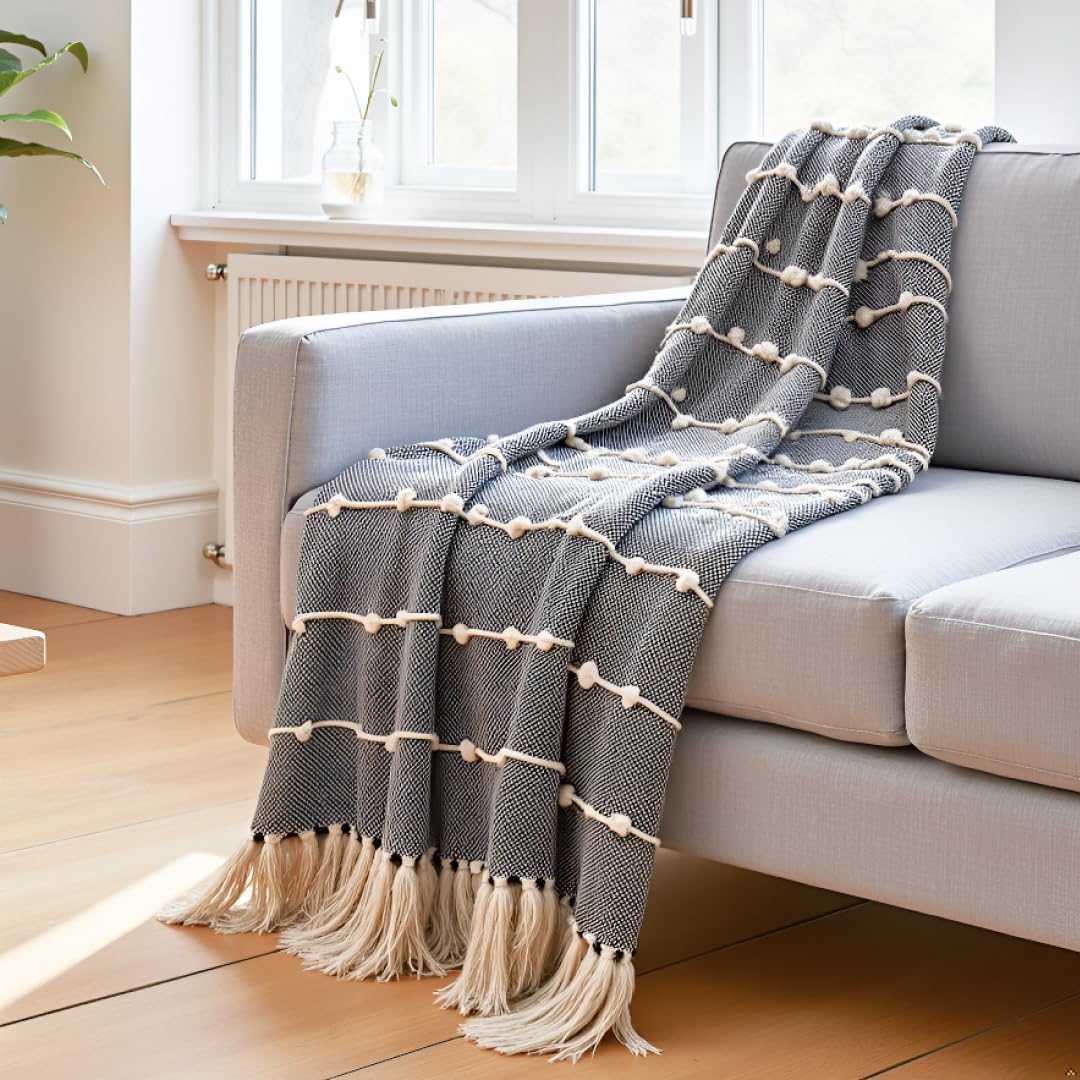 Tarantaran Home Hand-Knitted 100% Cotton Sofa Throw Blanket | All-Season Throw for Sofa, Bed, Couch, Chair & Travel | 80×52 Inches (204×132 cm) | Black & Beige Kafalo