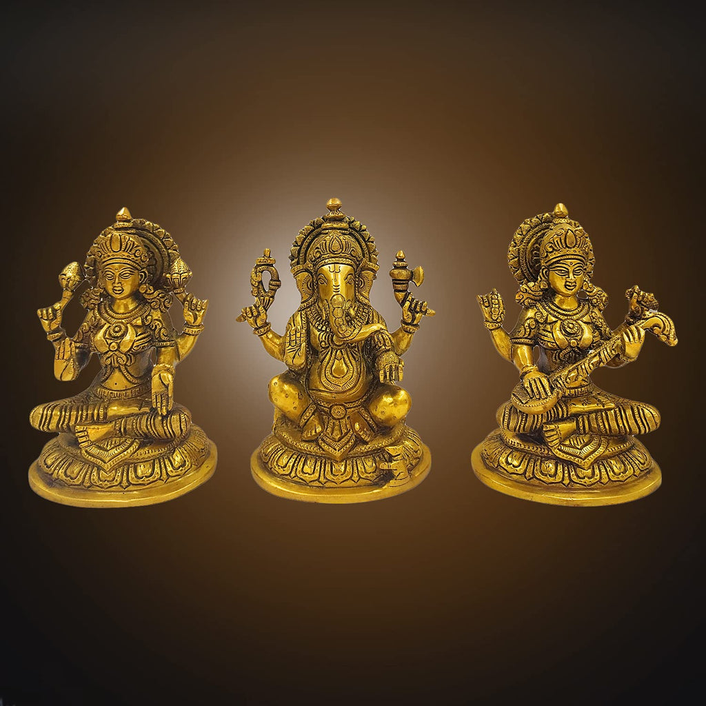 ARTVARKO Brass Lakshmi Ganesha Saraswati Murti Statue Puja & Home Decor, Height : 7.5 Weight 6.6 Kg