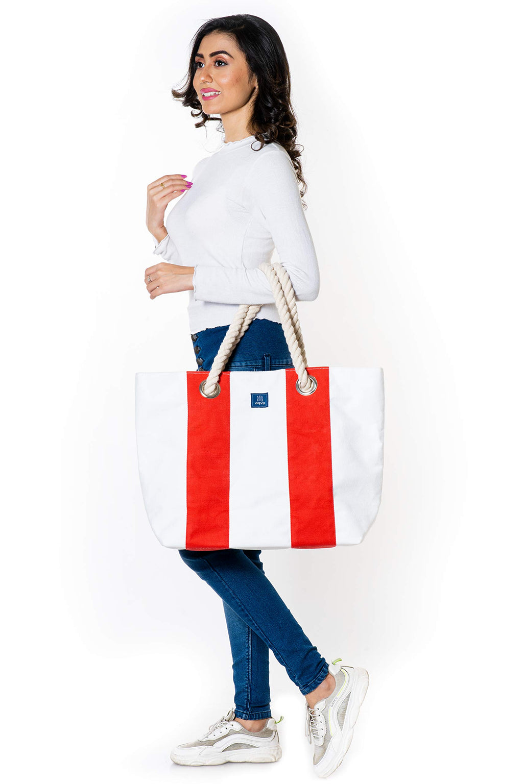 AQVA Striped Cotton Canvas Tote Bag with Matching Pouch for Women | Rope Handles | Large Capacity | Stylish Multipurpose Handbag with Zipper | Shoulder Bag for Laptop, Office & Travel (Red)
