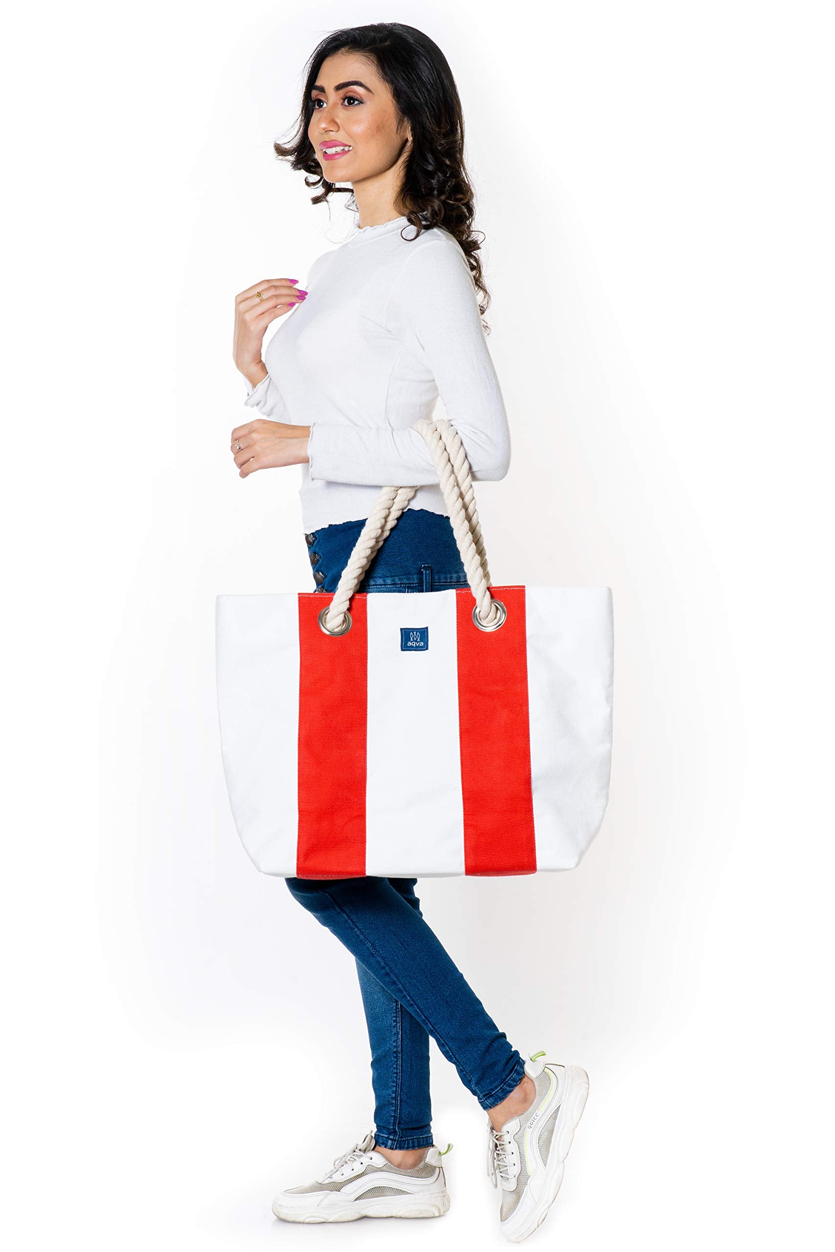 AQVA Striped Cotton Canvas Tote Bag with Matching Pouch for Women | Rope Handles | Large Capacity | Stylish Multipurpose Handbag with Zipper | Shoulder Bag for Laptop, Office & Travel (Red)