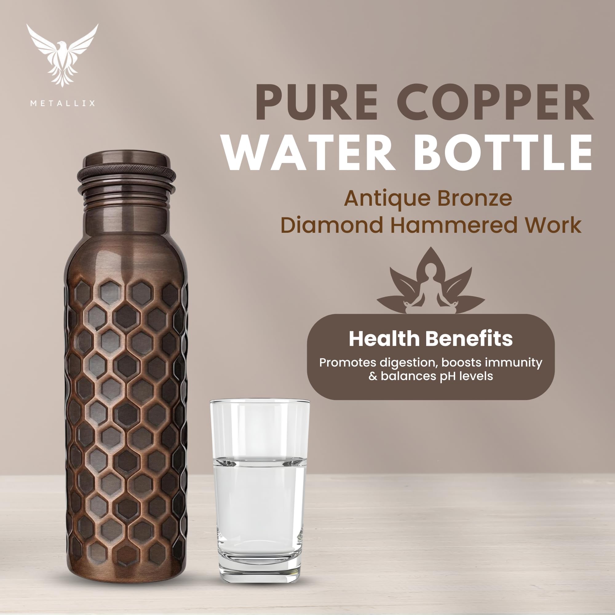 Metallix Copper Water Bottle 1 Ltr | Copper Bottle for Men & Women | 100% Pure Copper | BPA Free & Leak Proof | Easy to Carry | Suitable for Yoga, School & Office (Antique Bronze)
