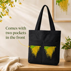 Suryatra Amaltas Blossom Noir Canvas Tote Bag for Women & Men | Premium Cotton Canvas Shoulder Bag with Dual Front Pockets | Tote Bag for Office, College, Shopping & Travel | Black | 14 x 16 Inches