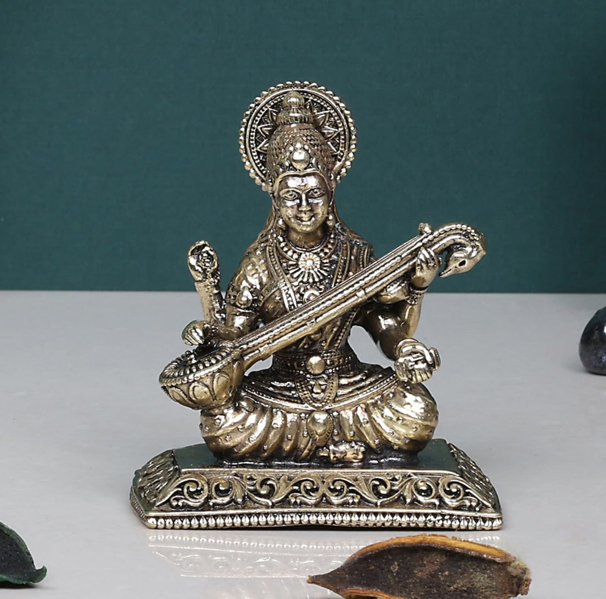 ARTVARKO Brass Superfine Sarasvati Goddess Maa Saraswati Education Study Vidya Devi Idol Puja Knowledge Music & Art Religious Murti 3 Inch
