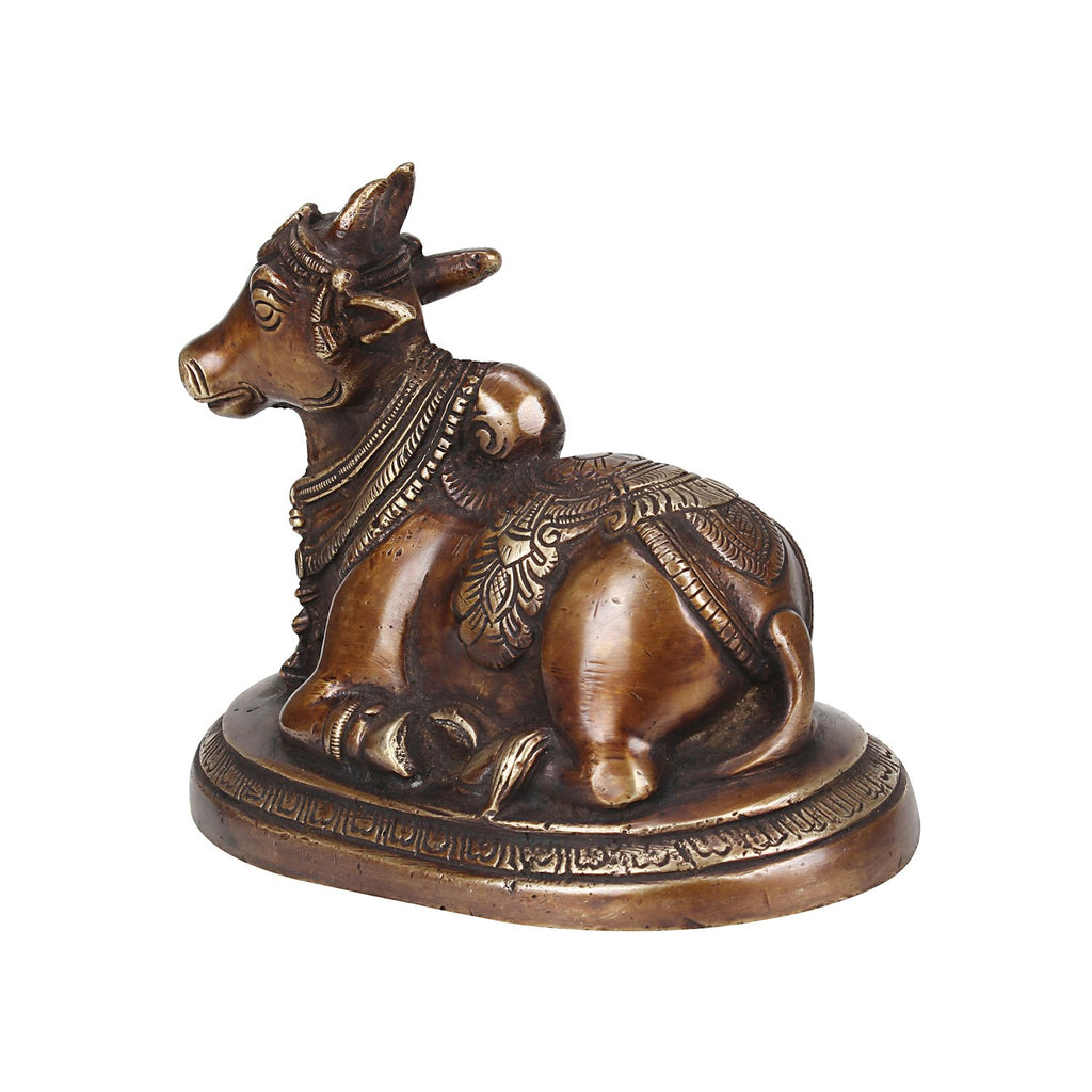 SVARUP Brass Nandi Shiv Ji Parvati Vehicle Bull Statue Idol Shiva Devotee Puja and Decor 5.5 Inches Copper Gold Color 1 Pcs