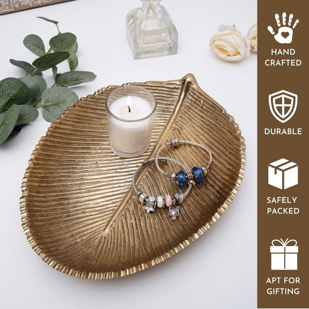BEHOMA Metal Leaf Shape Tray for Home Decor, Medium, Golden