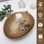 BEHOMA Metal Leaf Shape Tray for Home Decor, Medium, Golden