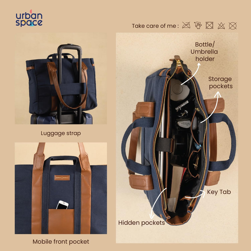 Urban Space Women Tote Bag | Canvas Handbag with Zip closure | Tote Bag for Office | Handcrafted Ladies Shoulder Purse for Office | Laptop bag | Padded Laptop space For Upto 16 - Navy blue