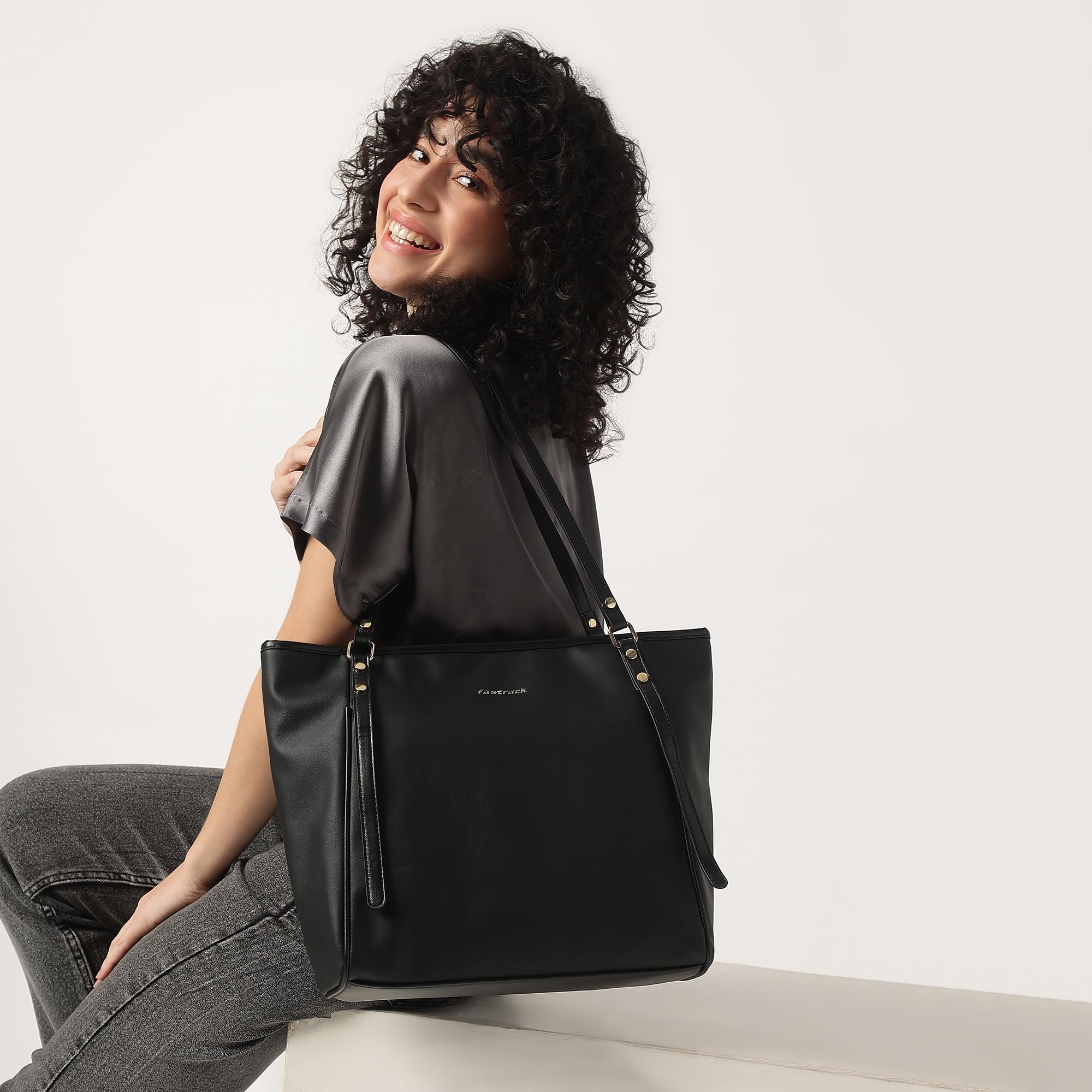 Fastrack Casual Laptop Tote Bag For Girls, Large Size With A Zipper Closure And Padded Laptop Compartment, Compatible With Laptops Up To 14 Inches, Double Handle Bag, Black