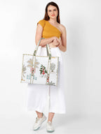 MITTICO Quilted Tote Bag with Matching Pouch Set for Women – Large Cotton Shoulder Handbag with Zipper | Lightweight Multipurpose Travel, Office & Everyday Tote Bag | White Floral Print