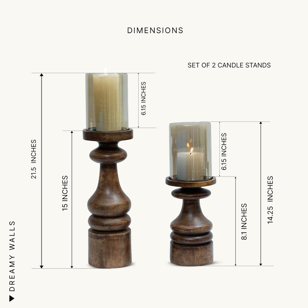 DREAMY WALLS Wooden Candle Holder Stand - Set of 2 Mango Wood Candle Stands for Home Decor with Glass, Dining Table Centerpiece, Round Pillar Candle Holder, Decorative Candle Stands for Home Decor