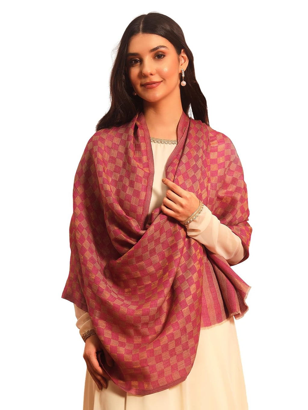 Pashmoda Women Champagne Check Reversible Zari Moonlight Fine Wool Stole (Size : 28x80in, 71X203cm) ZSST02