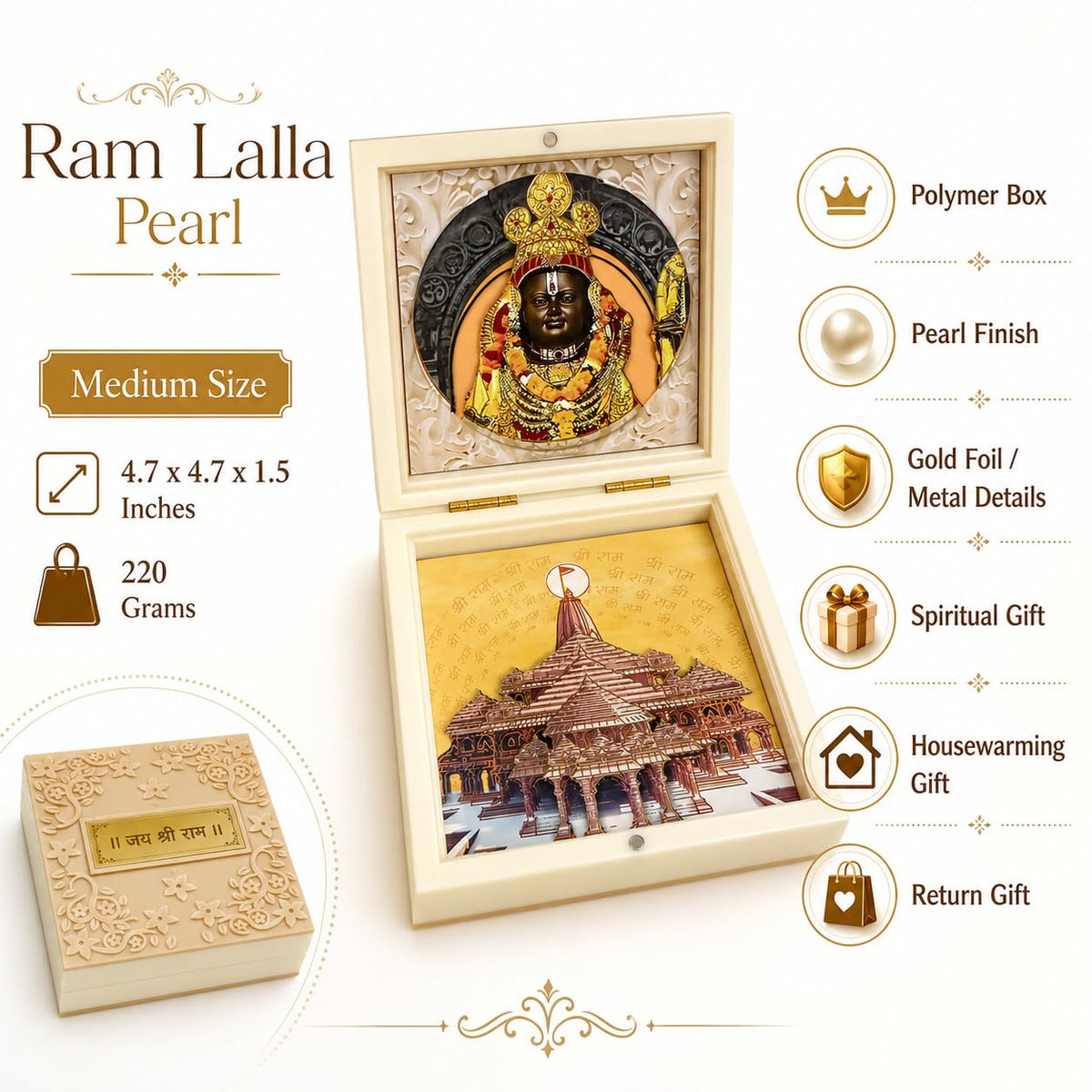 Ram Lalla Charan Paduka Pocket Temple for Pooja Room, Home Mandir, Prayer Space, Car Dashboard & Spiritual Gifting | Pearl & Brown Finish | Medium & Big Size Devotional Decor (Pearl, Medium)