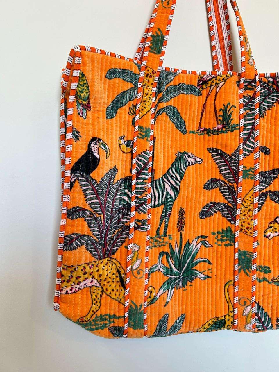 Vaishnav Exports Orange Quilted Cotton Tote Bag for Women | Handcrafted Jungle Safari Print Shoulder Bag | Eco-Friendly, Reusable Grocery, Travel & Beach Carryall with Spacious Design
