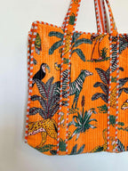 Vaishnav Exports Orange Quilted Cotton Tote Bag for Women | Handcrafted Jungle Safari Print Shoulder Bag | Eco-Friendly, Reusable Grocery, Travel & Beach Carryall with Spacious Design