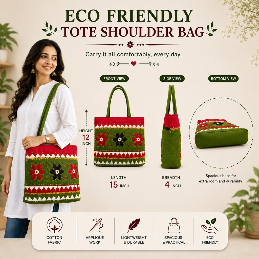 SriShopify Handcrafted Women’s Tote Bag Bridal Handbags for Wedding Ethnic Designer Handle bag Olive Mehndi birthday sankranti gift items for ladies (30x40x10 cm Original Mirror Work Stylish Applique)