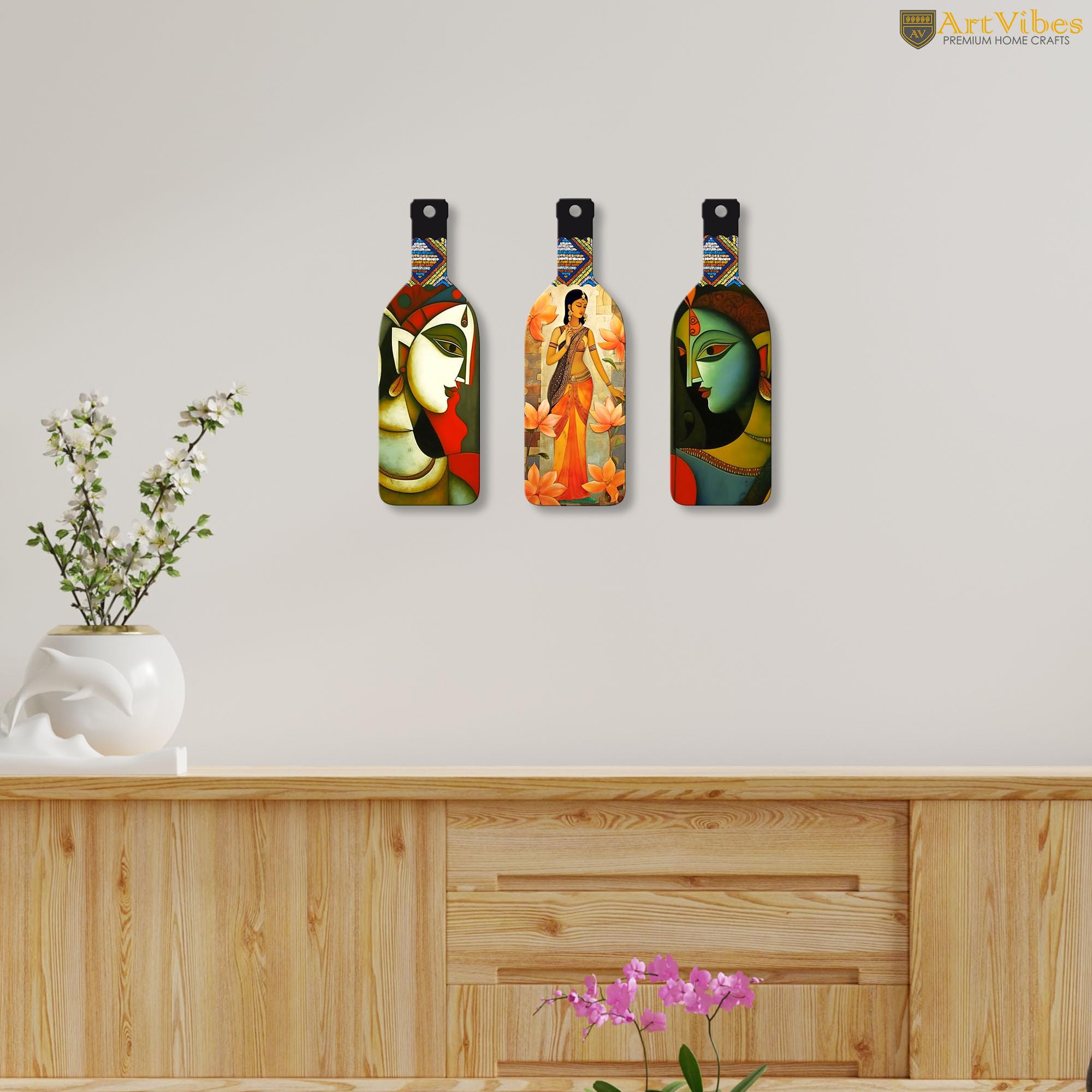 Artvibes Abstract Art Beautiful Woman Decor Bottle shaped Wooden Wall Hanging | Living Room | Wall Art Paintings | Wall Poster | Graphic Art | Artworks Hangings | Ideal Gifts (WH_9503N), Set of 3