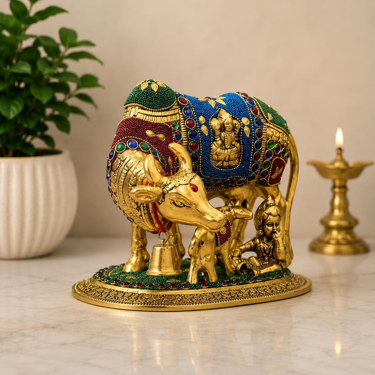 KridayKraft Decorative Kamdhenu Cow,Calf with Bal Gopal Krishna Metal Statue Embellished with Gemstones for Good Luck,Feng Shui,Vastu,Religious Gau MATA