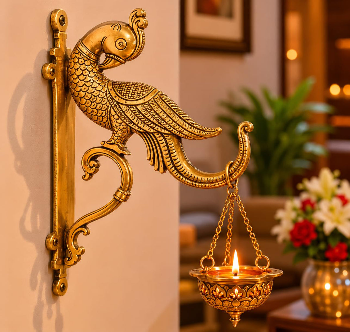 ARTVARKO Brass Peacock Hook Holder for Wall Hanging Diya Bells Lantern Hanger Planter Lanterns Wind Chimes Baskets 9 Inch