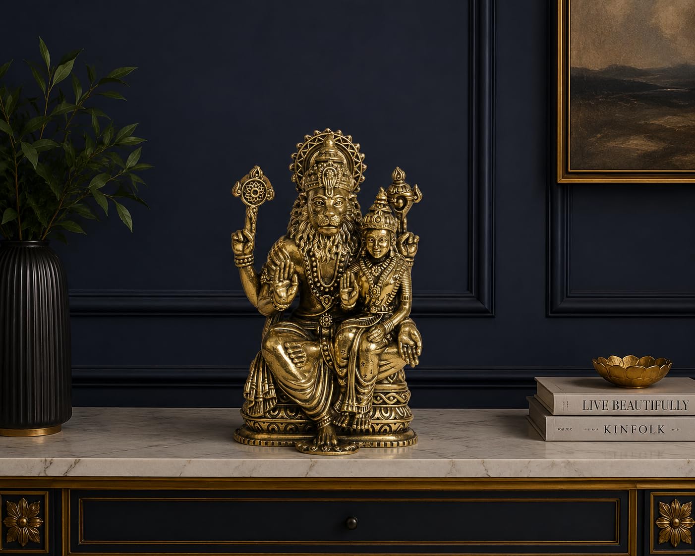 ARTVARKO Brass Lakshmi Narasimha Murti Vishnu Laxmi Narayan Narasingha Swamy Idol Statue for Puja Home Decor Gift (6x4.5x10 cm)