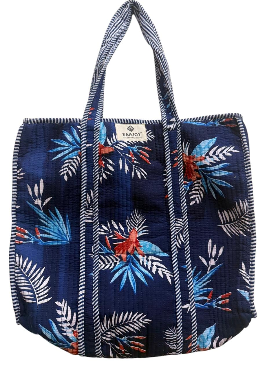 SAAJOY 100% Cotton Quilted Tote Bag For Women, 18x18inch Large Beach Bag With Large Zipper Beach Bag & Travel Bag Purse, Work Tote, Reusable Grocery Bag, Quilted Shoulder Bag